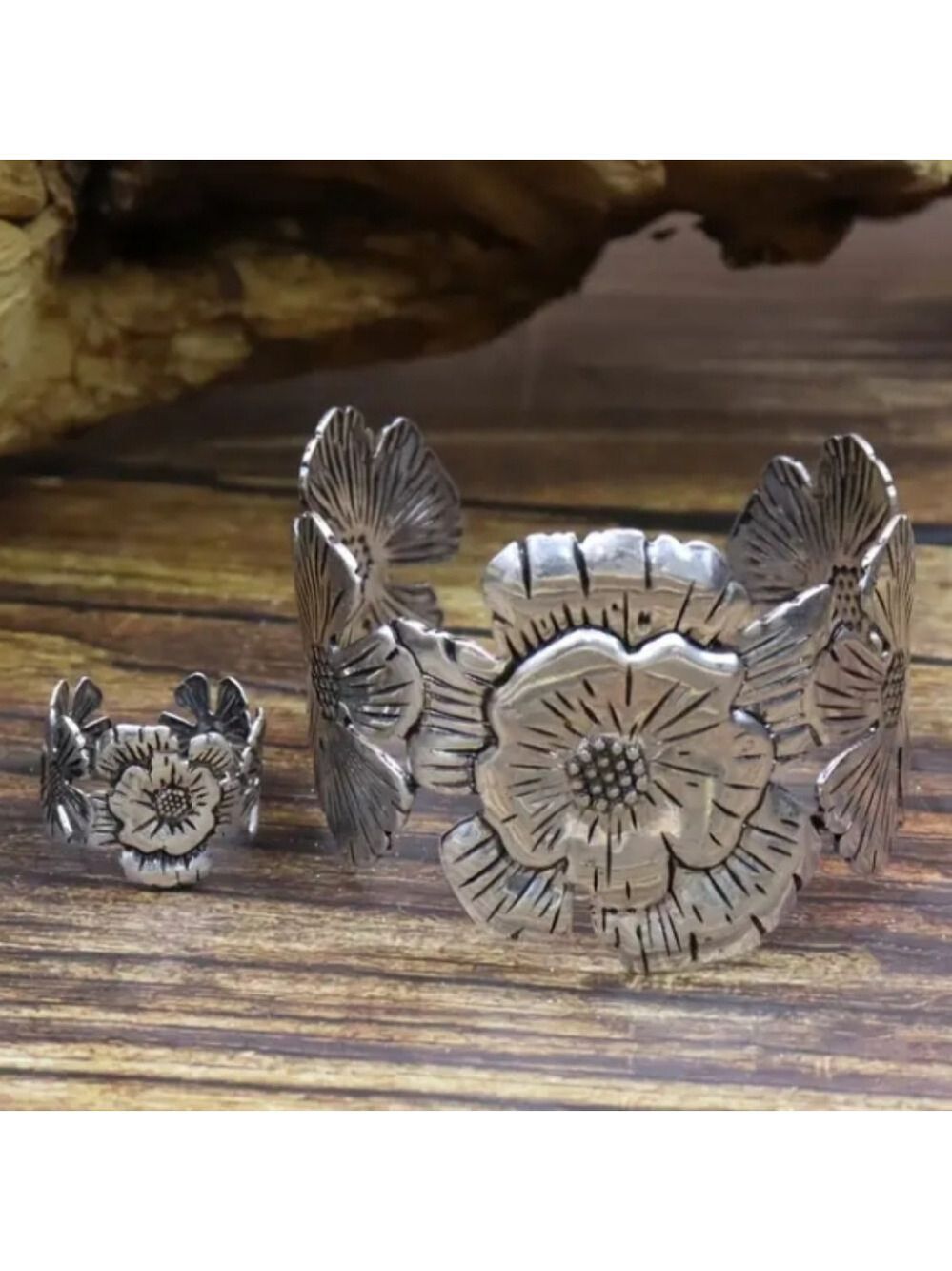 Silvertone Floral Cuff Bracelet and Ring Set - Picture 3 of 5